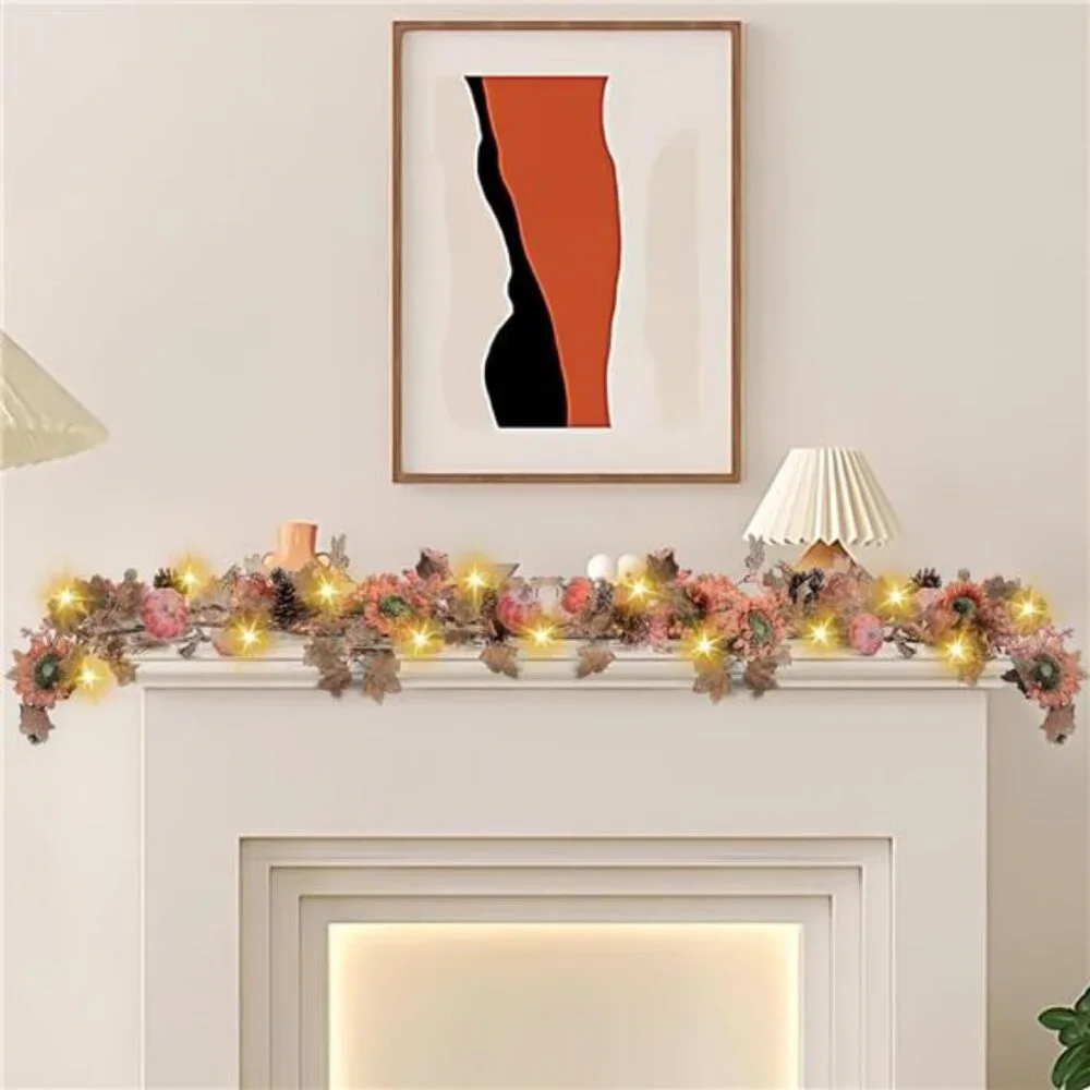 6 Ft Dried Maple Leaf Pumpkin Berry Garland with 30 Warming Lights
